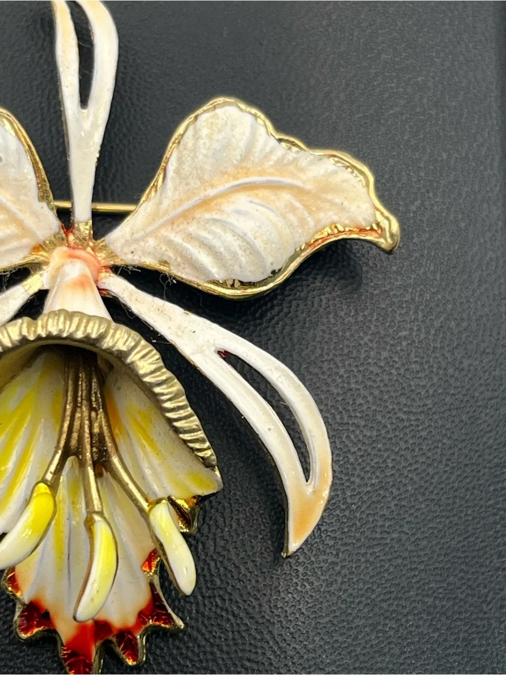 Weiss orchid flower enamel gold tone vintage brooch pin orange yellow